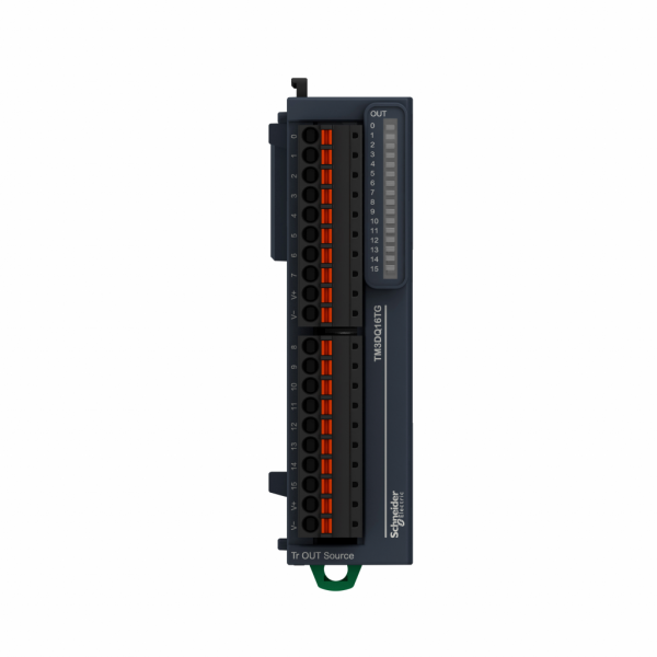 Modicon TM3 - module 16 sorties TOR, PNP 0,5A, à ressort - H90mmxL27,4mmxP84,6mm - compatib.: Modicon M241, M251, M221, M262 - logique de sortie : positive (PNP) - tension de sortie logique : 24 V Ca pour sortie transistor - IP20 - visuel 1