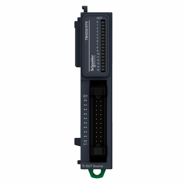 Modicon TM3 - module 16 sorties TOR, PNP 0,1A, connecteur HE 10 - H90mmxL21,4mmxP81,3mm - compatib.: Modicon M241, M251, M221, M262 - logique de sortie : positive (PNP) - tension de sortie logique : 24 V Ca pour sortie transistor - IP20 - visuel 1