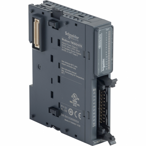 Modicon TM3 - module 16 sorties TOR, PNP 0,1A, connecteur HE 10 - H90mmxL21,4mmxP81,3mm - compatib.: Modicon M241, M251, M221, M262 - logique de sortie : positive (PNP) - tension de sortie logique : 24 V Ca pour sortie transistor - IP20 - visuel 2