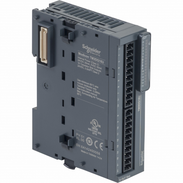 Modicon TM3 - module 16 sorties TOR - NPN 0,5A - à vis - H90mmxL27,4mmxP84,6mm - IP20 - compatibilité de gamme : Modicon M241, M251, M221, M262 - CEI 61131-2 - visuel 1