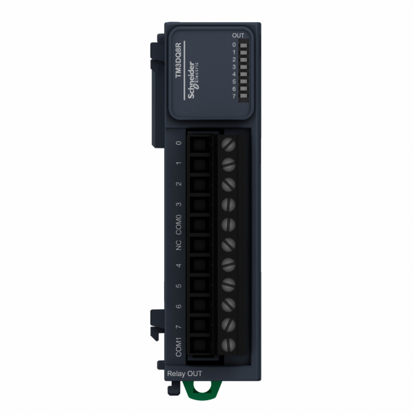Modicon TM3 - module 8 sorties TOR, relais 2A, à vis - H90mmxL27,4mmxP84,6mm - compatib.: Modicon M241, M251, M221, M262 - logique de sortie : positif, négatif - tension de sortie logique : 24 V CC pour sortie relais, 240 V CA - IP20 - visuel 1
