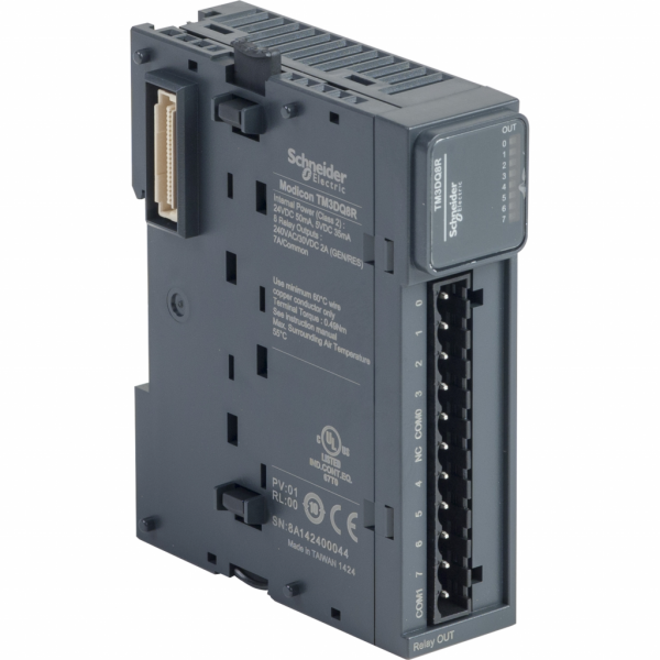Modicon TM3 - module 8 sorties TOR, relais 2A, à vis - H90mmxL27,4mmxP84,6mm - compatib.: Modicon M241, M251, M221, M262 - logique de sortie : positif, négatif - tension de sortie logique : 24 V CC pour sortie relais, 240 V CA - IP20 - visuel 2