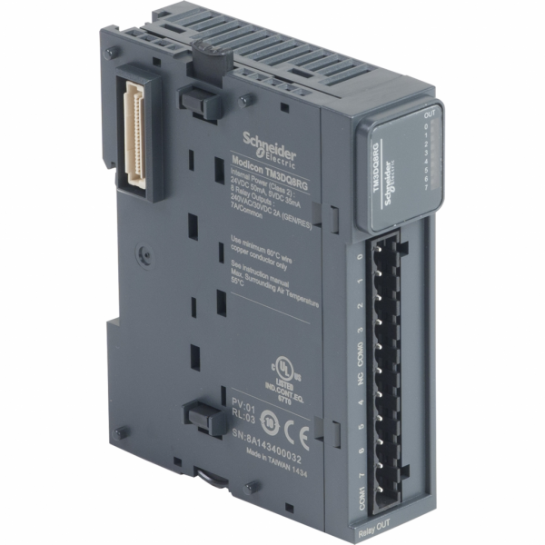 Modicon TM3 - module 8 sorties TOR, relais 2A, à ressort - H90mmxL27,4mmxP84,6mm - compatib.: Modicon M241, M251, M221, M262 - logique de sortie : positif, négatif - tension de sortie logique : 24 V CC pour sortie relais, 240 V CA - IP20 - visuel 2