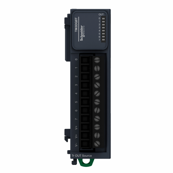 Modicon TM3 - module 8 sorties TOR, PNP 0,5A, à vis - H90mmxL27,4mmxP84,6mm - compatib.: Modicon M241, M251, M221, M262 - logique de sortie : positive (PNP) - tension de sortie logique : 24 V CC pour sortie transistor - IP20 - visuel 1