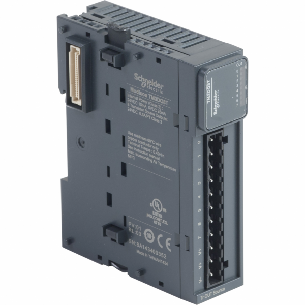 Modicon TM3 - module 8 sorties TOR, PNP 0,5A, à vis - H90mmxL27,4mmxP84,6mm - compatib.: Modicon M241, M251, M221, M262 - logique de sortie : positive (PNP) - tension de sortie logique : 24 V CC pour sortie transistor - IP20 - visuel 2