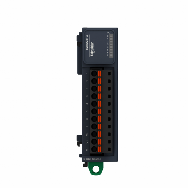 Modicon TM3 - module 8 sorties TOR, PNP 0,5A, à ressort - H90mmxL27,4mmxP84,6mm - compatib.: Modicon M241, M251, M221, M262 - logique de sortie : positive (PNP) - tension de sortie logique : 24 V CC pour sortie transistor - IP20 - visuel 1