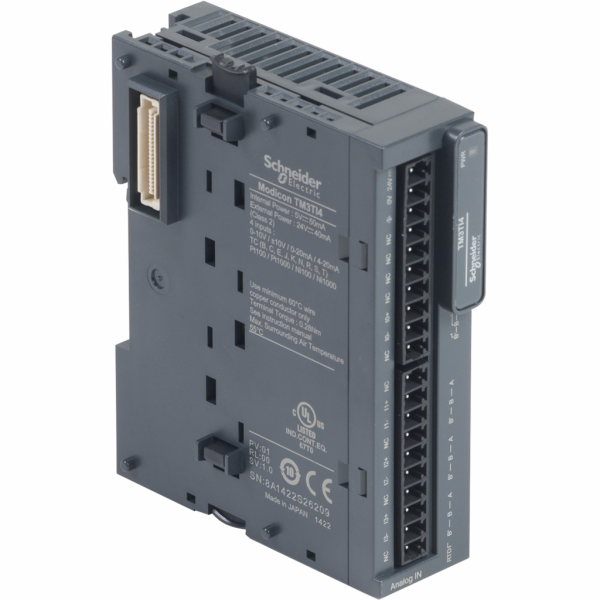 Modicon TM3 - module 4 entrées température, sonde ou -10-0-10V, 0/4-20mA, à vis - H90mmxL23,6mmxP70mm - compatibilité : Modicon M241, M251, M221, M262 - résolution entrées analogiques : 16 bits, 15 bits + signe - visuel 2