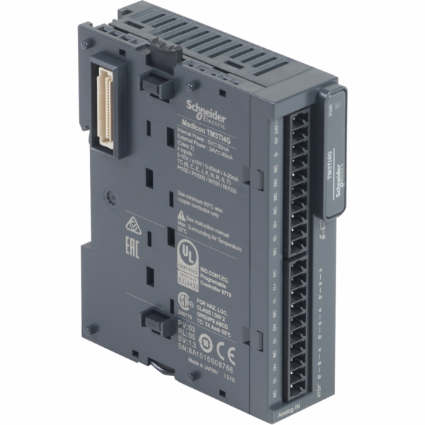 Modicon TM3 - module 4 entrées température, sonde ou -10-0-10V, 0/4-20mA, ressort - H90mmxL23,6mmxP70mm - compatibilité : Modicon M241, M251, M221, M262 - résolution entrées analogiques : 16 bits, 15 bits + signe - visuel 2