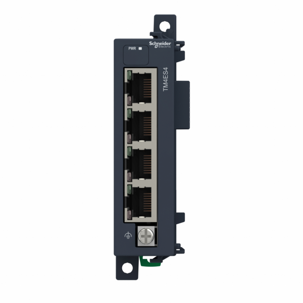 Modicon TM4 - module de comm. switch Ethernet 4 connecteurs RJ45 - compatibilité : Modicon M251, Modicon M241 - H90mmxL25mmxP90mm - IP20 - conso électrique : 360 mA à 5 V CC pour bus de communication - vit. Transmission : 10/100 Mbit/s - visuel 1