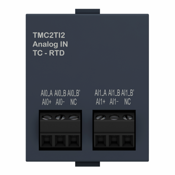 Modicon M221 - cartouche 2 entrées température - types K/J/R/S/B/E/T/N/C/PT/NI - H41mmxL35mmxP15mm - résolution entrées analogiques : 14 bits - visuel 1