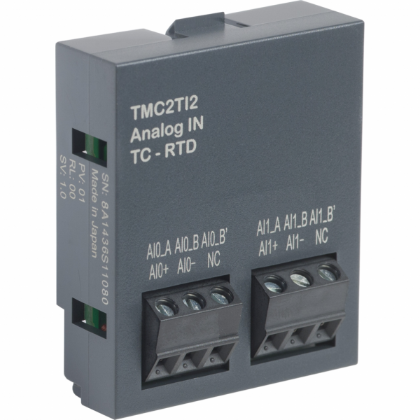 Modicon M221 - cartouche 2 entrées température - types K/J/R/S/B/E/T/N/C/PT/NI - H41mmxL35mmxP15mm - résolution entrées analogiques : 14 bits - visuel 2
