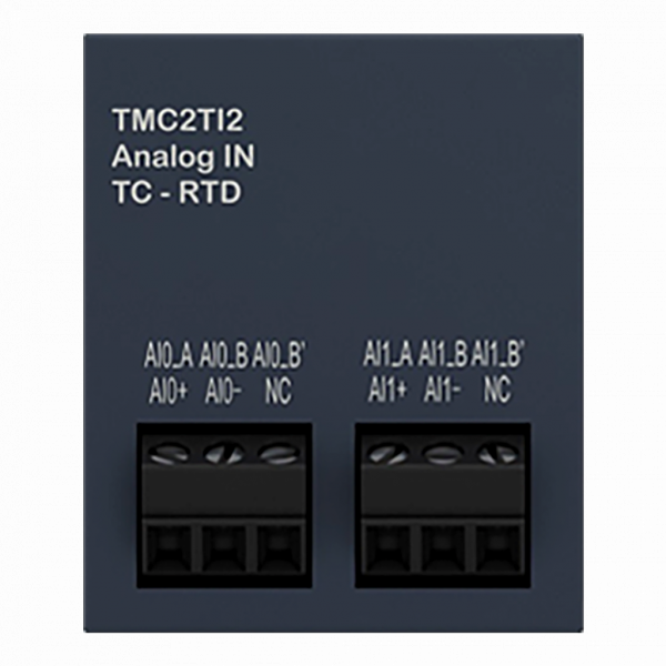 Modicon M221 - cartouche 2 entrées température - types K/J/R/S/B/E/T/N/C/PT/NI - H41mmxL35mmxP15mm - résolution entrées analogiques : 14 bits - visuel 3