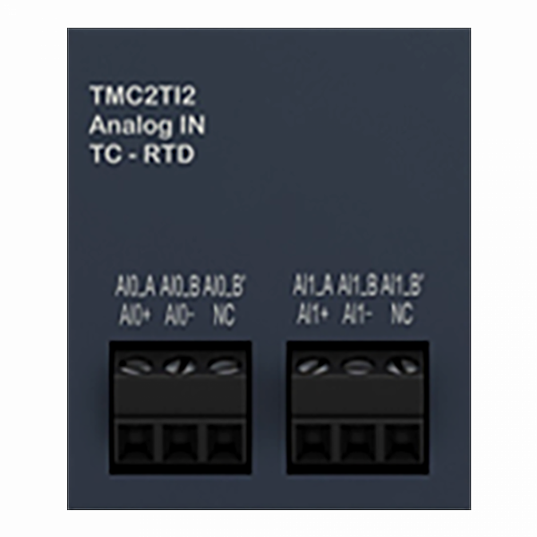 Modicon M221 - cartouche 2 entrées température - types K/J/R/S/B/E/T/N/C/PT/NI - H41mmxL35mmxP15mm - résolution entrées analogiques : 14 bits - visuel 4