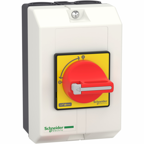 TeSys Vario - interrupteur-sectionneur en coffret - 3P - 10A - arrêt d'urgence intégré - H146mmxL90mmxP131mm - dimension de la plaque avant de la poignée : 60 x 60mm - poignée rouge, rotative - 1 à 3 cadenas 4…8 mm - IP65 - visuel 1