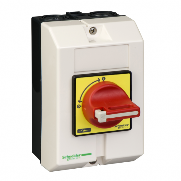 TeSys Vario VCF - interrupteur-sectionneur en coffret - 3P - 20A - arrêt d'urgence intégré - H146mmxL90mmxP131mm - dimension de la plaque avant de la poignée : 60 x 60mm - poignée rotative - 1 à 3 cadenas 4…8 mm - IP65 - visuel 3
