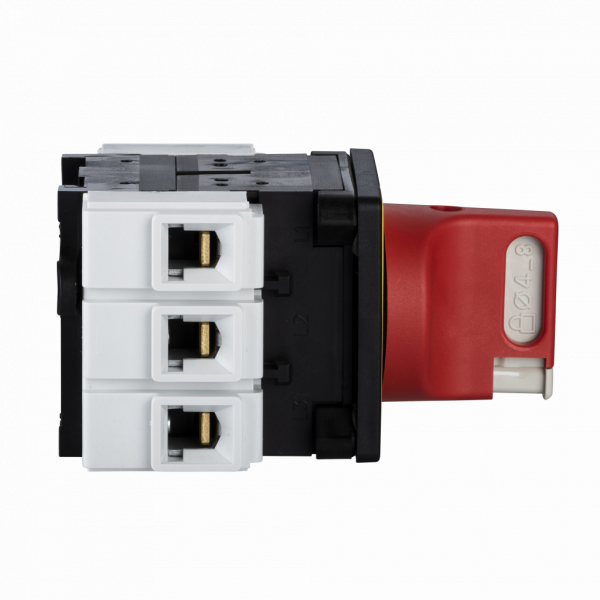 TeSys VCF - interrupteur-sectionneur - 3P - 690V - 80A - poignée rouge cadenassable - arrêt d'urgence - H83mmxL60mm - dimension de base : 60 x 60mm - 1 à 3 cadenas 4…8 mm - montage : par 4 vis pour poignée - IP20, IP65 - visuel 4