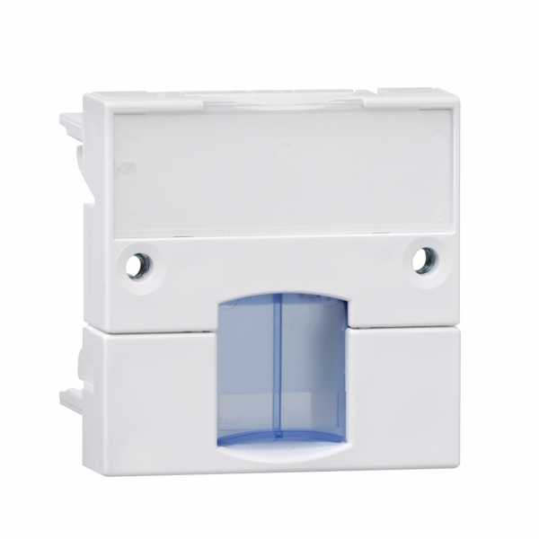 Actassi - support adaptable pour connecteur RJ45 S-ONE- H45mmxL45mmxP25mm - blanc polaire - volet bleu intégré - pose encastrée - plaque de finition: blanc (RAL 9003), obturateur : bleu (RAL 5002) - fixation : vissé - visuel 1