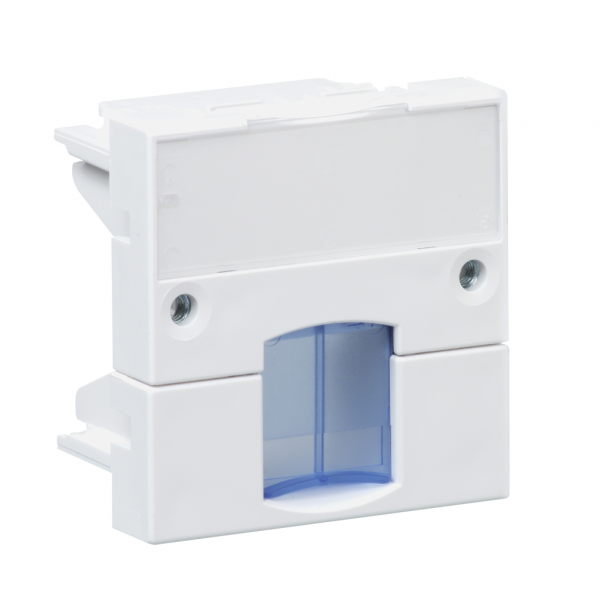 Actassi - support adaptable pour connecteur RJ45 S-ONE- H45mmxL45mmxP25mm - blanc polaire - volet bleu intégré - pose encastrée - plaque de finition: blanc (RAL 9003), obturateur : bleu (RAL 5002) - fixation : vissé - visuel 2