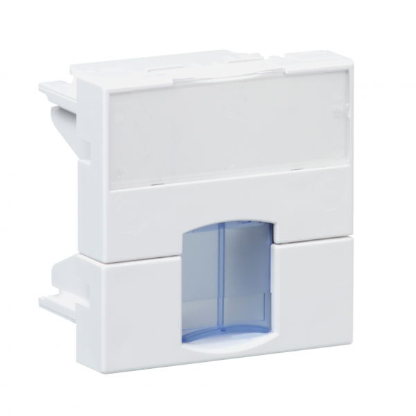 Actassi - support non-adaptable pour connecteur RJ45 S-ONE - H45mmxL45mmxP25mm - volet intégré - pour connecteur RJ45 - plaque de finition : blanc (RAL 9003), obturateur : bleu - 1 poste - fixation : par clips - visuel 2