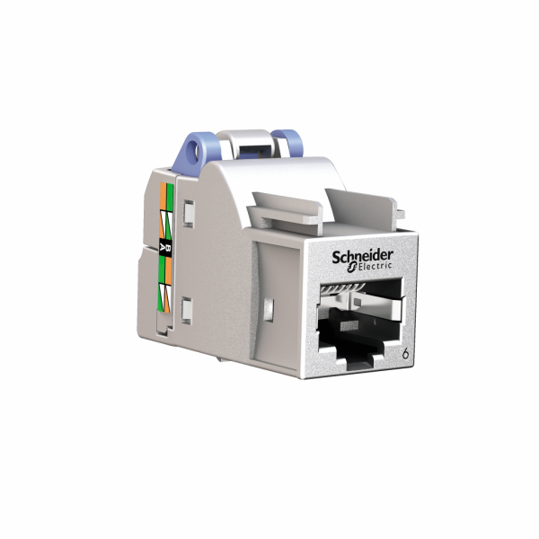 Actassi - connecteurs cuivres blindés RJ45 Cat 6 sans outil - H28mmxL18mmxP35mm - connecteur : argent (zamak), organisateur des fils : bleu (ABS + PC) - configuration de cablage : 568 A/B - courant assigné d'emploi : 1,5 A à 25 °C - visuel 2