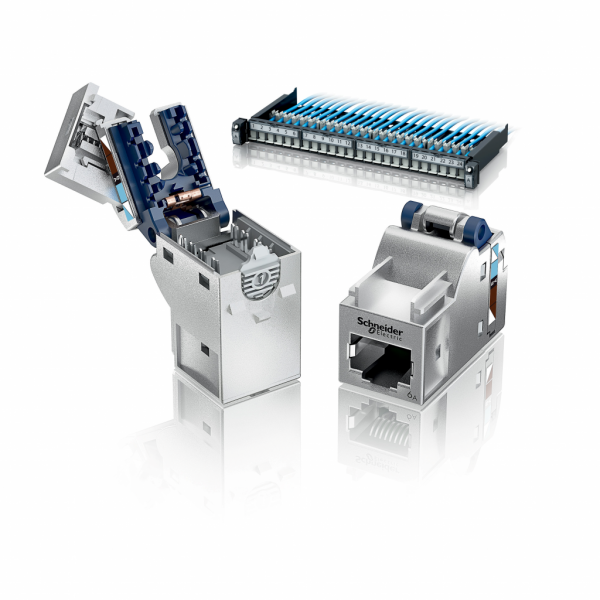 Actassi S-One connecteur RJ45 catégorie 6A blindé sans outil - H28mmxL18mmxP35mm - connecteur : argent (zamak), organisateur des fils : bleu (ABS + PC) - configuration de cablage : 568 A/B - courant assigné d'emploi : 1,5 A à 25 °C - visuel 2