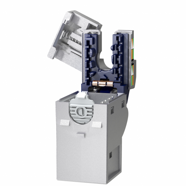 Actassi - connecteur RJ45 S-One grade 3 TV sans outil - H28mmxL18mmxP35mm - connecteur : argent (zamak), organisateur des fils : bleu (ABS + PC) - configuration de cablage : 568 A/B - courant assigné d'emploi : 1,5 A à 25 °C - visuel 3