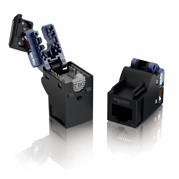 Actassi S - connecteur RJ45 catégorie 6A non blindé - prise réseau TJ45 - 568 A/B - H28mmxL33mmxl18mm - conception monobloc - prganisateur des fils : bleu foncé (ABS + PC), connecteur : gris foncé (ABS + PC) - visuel 2