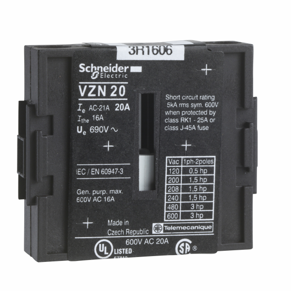 TeSys Vario - pôle principal 20A - pour VN-20 - H45,5mmxL12mmxP39mm - IP20 - tension assignée d'emploi : 690 V CA 50/60 Hz - emplacement de montage : gauche ou droite - visuel 1