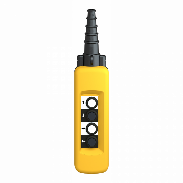 Harmony XACA - boîte pendante - 4 poussoirs - IP65 - type de circuit électrique : télécommande - double isolation - couleur station contrôle : jaune - pour contrôle du moteur de levage à 1 vitesse - av. interverrouillage méca. entre paires - visuel 1
