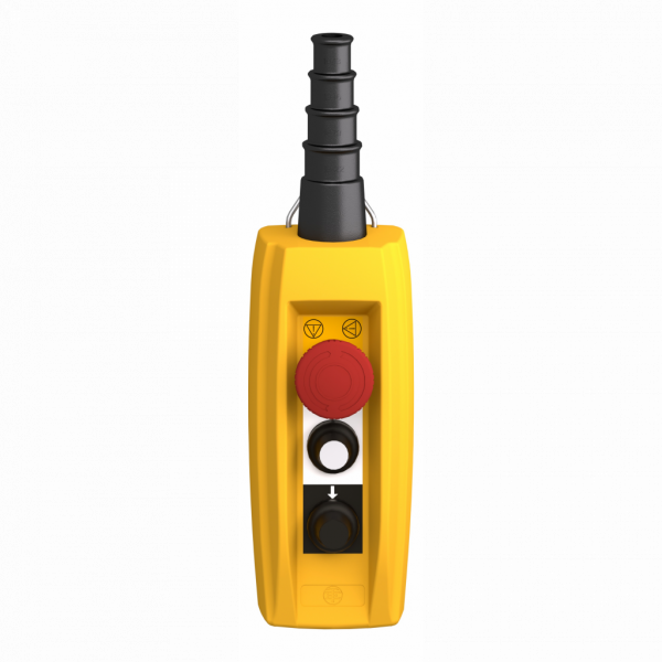 Harmony XACB - boîte pendante - 2 poussoirs, 1 arrêt d'urgence - IP65 - type de circuit électrique : circuit de puissance - couleur station de contrôle : jaune - contrôle du moteur de levage à 1 vitesse - avec interverrouillage mécanique - visuel 1