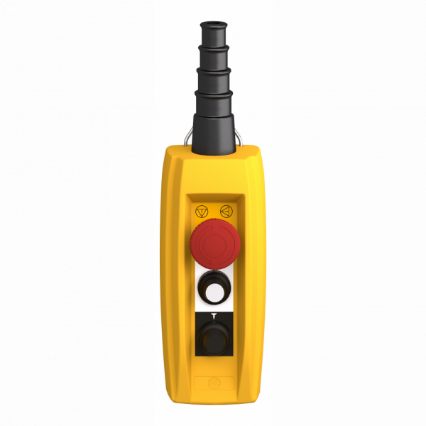 Harmony XACB - boîte pendante - 2 poussoirs, 1 arrêt d'urgence - IP65 - type de circuit électrique : circuit de puissance - couleur station de contrôle : jaune - contrôle du moteur de levage à 2 vitesses - avec interverrouillage mécanique - visuel 1