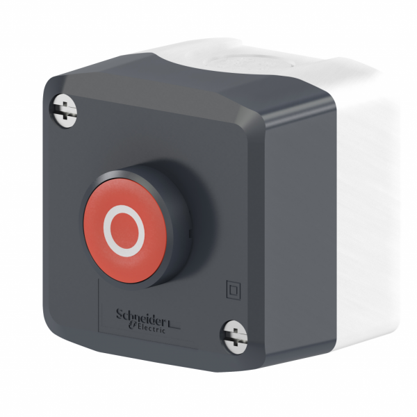 Harmony boite - 1 bouton poussoir rouge affleurant Ø22 - 1O - O - IP66, IP67, IP69, IP69K - couleur base boîtier : gris clair (RAL 7035) - capot : gris foncé (RAL 7016) - pour unités de commande et signalisation XB5 Ø 22 mm - fonction arrêt - visuel 3