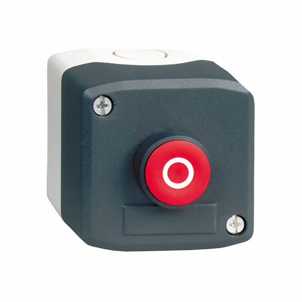 Harmony boite - 1 bouton poussoir rouge affleurant Ø22 - 1O - O - IP66, IP67, IP69, IP69K - couleur base boîtier : gris clair (RAL 7035) - capot : gris foncé (RAL 7016) - pour unités de commande et signalisation XB5 Ø 22 mm - fonction arrêt - visuel 4
