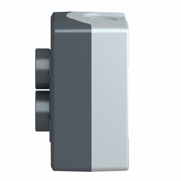 Harmony boîte - 2 boutons poussoirs Ø22 - blanc /noir - IP66, IP67, IP69, IP69K - couleur base boîtier : gris clair (RAL 7035) - capot : gris foncé (RAL 7016) - pour unités commande et signalisation XB5 Ø 22 mm - marquage sur bout. poussoir - visuel 4