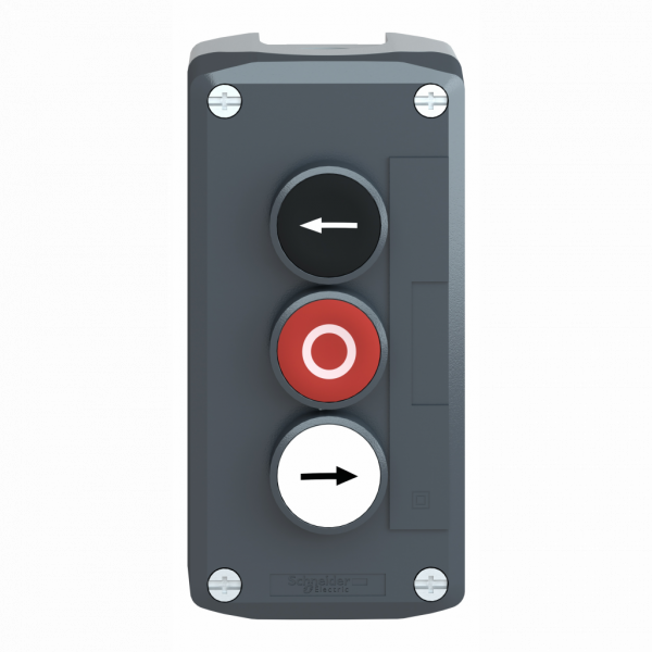 Harmony boîte - 3 boutons poussoirs Ø22 - blanc /rouge /noir - IP66, IP67, IP69, IP69K - 3 fonctions - couleur base boîtier : gris clair (RAL 7035) - capot : gris foncé (RAL 7016) - pour unités de commande et signalisation XB5 Ø 22 mm - visuel 1
