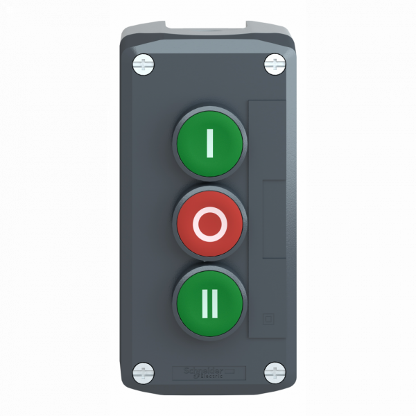 Harmony boîte - 3 boutons poussoirs Ø22 - vert /rouge /vert - IP66, IP67, IP69, IP69K - 3 fonctions - couleur base boîtier : gris clair (RAL 7035) - capot : gris foncé (RAL 7016) - pour unités de commande et signalisation XB5 Ø 22 mm - visuel 1