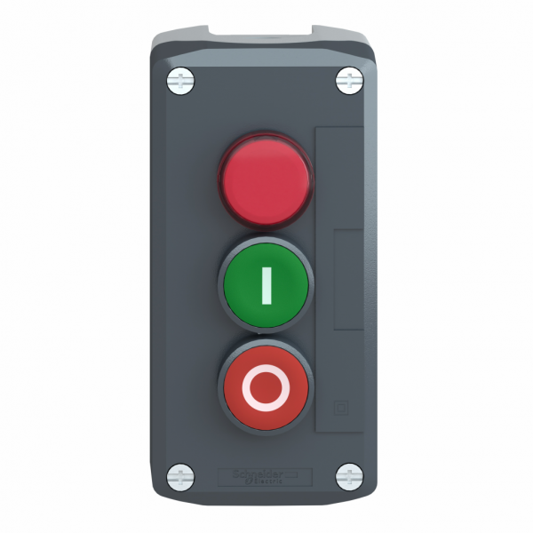 Harmony boîte - 3 boutons poussoirs Ø22 - vert /rouge/voyant rouge - IP66, IP67, IP69, IP69K - démarr/arrêt - couleur base boîtier : gris clair (RAL 7035) - capot : gris foncé (RAL 7016) - pour unités commande et signalisation XB5 Ø 22 mm - visuel 1