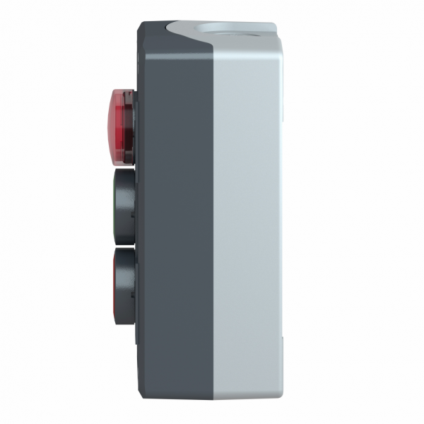 Harmony boîte - 3 boutons poussoirs Ø22 - vert /rouge/voyant rouge - IP66, IP67, IP69, IP69K - démarr/arrêt - couleur base boîtier : gris clair (RAL 7035) - capot : gris foncé (RAL 7016) - pour unités commande et signalisation XB5 Ø 22 mm - visuel 4