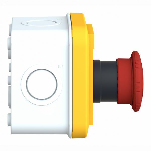 Harmony XALE - boîte à boutons - fonction d'arrêt d'urgence - 1F+1O - IP54- couleur de la base du boîtier : gris clair (RAL 7035) - couleur du capot : jaune (RAL 1021) - pour unités de commande et signalisation XB7 Ø 22 mm - visuel 3