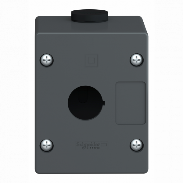 Harmony XALG - boîte à boutons vide - plastique - 1 perçage - H72mmxL90mmxP65mm (hors tout CAO) - IP66, IP67, IP69, IP69K - couleur base boîtier et capot : noir (RAL 9005) - pour unités de commande et signalisation XB5 Ø 22 mm - visuel 1