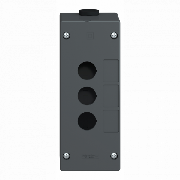 Harmony XALG - boîte à boutons vide - plastique - 3 perçages horizontaux - H72mmxL180mmxP65mm (hors tout CAO) - IP66, IP67, IP69, IP69K - couleur base boîtier et capot : noir (RAL 9005) - pour unités de commande et signalisation XB5 Ø 22 mm - visuel 1