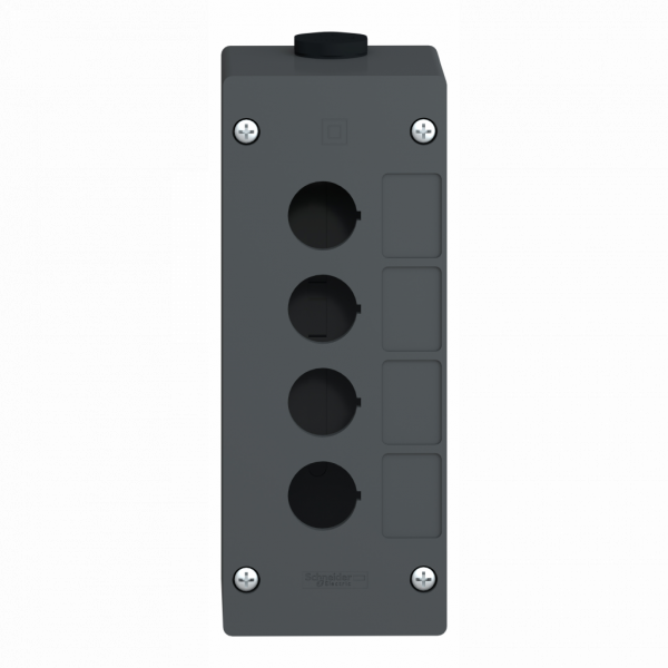 Harmony XALG - boîte à boutons vide - plastique - 4 perçages horizontaux - H72mmxL180mmxP65mm (hors tout CAO) - IP66, IP67, IP69, IP69K - couleur base boîtier et capot : noir (RAL 9005) - pour unités de commande et signalisation XB5 Ø 22 mm - visuel 1