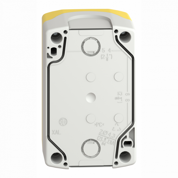 Harmony boîte - 2 trous - IP66, IP67, IP69, IP69K - couleur base du boîtier : gris clair (RAL 7035) - couleur du capot : jaune (RAL 1021) - pour unités de commande et signalisation XB5 Ø 22 mm - fonction coupure et arrêt d'urgence - visuel 2