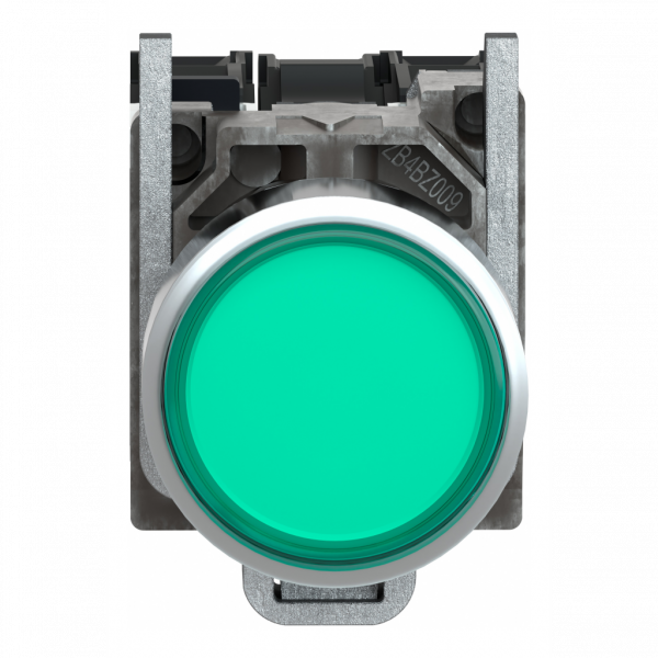 Harmony XB4 - poussoir lumineux - 1F+1O - vert - Ø22 - alimentation directe < 250V - H47mmxL30mmxP57mm - diamètre de fixation : 22mm - collerette : métal plaqué chrome - embase de fixation : zamak - IP66, IP67, IP69, IP69K - visuel 1