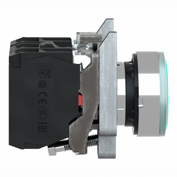 Harmony XB4 - poussoir lumineux - 1F+1O - vert - Ø22 - alimentation directe < 250V - H47mmxL30mmxP57mm - diamètre de fixation : 22mm - collerette : métal plaqué chrome - embase de fixation : zamak - IP66, IP67, IP69, IP69K - visuel 3