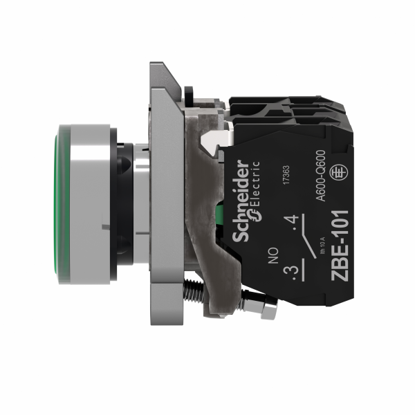 Harmony XB4 - poussoir lumineux LED - 1F+1O - vert - Ø22 - 24VACDC - H47mmxL30mmxP57mm - diamètre de fixation : 22mm - collerette : métal plaqué chrome - embase de fixation : zamak - IP66, IP67, IP69, IP69K - visuel 3