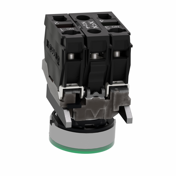 Harmony XB4 - poussoir lumineux LED - 1F+1O - vert - Ø22 - 24VACDC - H47mmxL30mmxP57mm - diamètre de fixation : 22mm - collerette : métal plaqué chrome - embase de fixation : zamak - IP66, IP67, IP69, IP69K - visuel 4