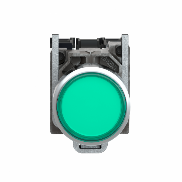 Harmony XB4 - poussoir lumineux LED - 1F+1O - vert - Ø22 - 110VAC - H47mmxL30mmxP57mm - diamètre de fixation : 22mm - collerette : métal plaqué chrome - embase de fixation : zamak - IP66, IP67, IP69, IP69K - visuel 2