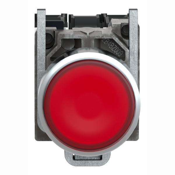 Harmony XB4 - poussoir lumineux - 1F+1O - rouge - Ø22 - alimentation directe < 250V - H47mmxL30mmxP57mm - diamètre de fixation : 22mm - collerette : métal plaqué chrome - embase de fixation : zamak - IP66, IP67, IP69, IP69K - visuel 1