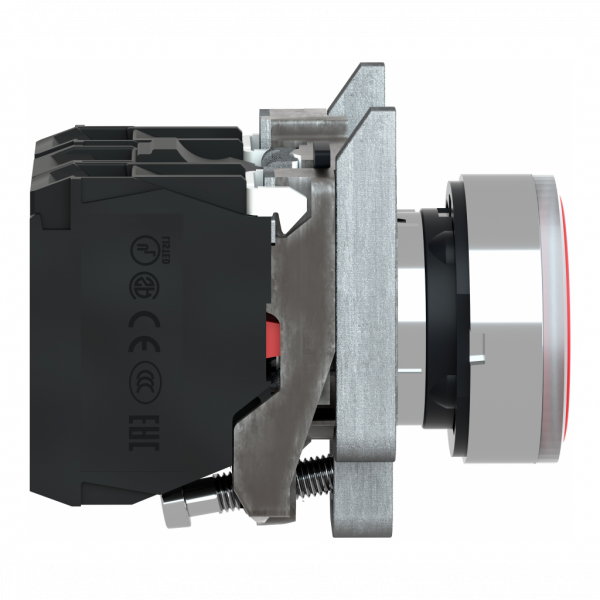 Harmony XB4 - poussoir lumineux - 1F+1O - rouge - Ø22 - alimentation directe < 250V - H47mmxL30mmxP57mm - diamètre de fixation : 22mm - collerette : métal plaqué chrome - embase de fixation : zamak - IP66, IP67, IP69, IP69K - visuel 3
